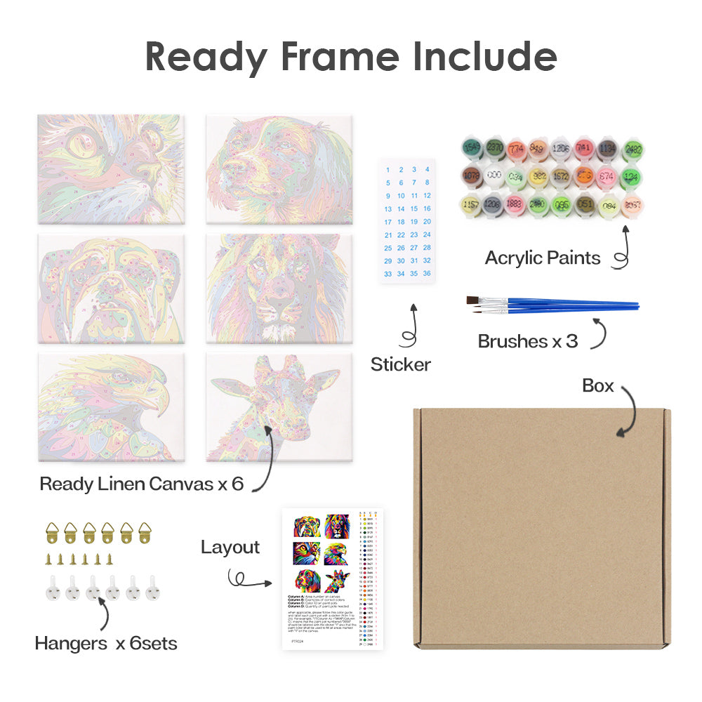 Mini Paint by Numbers Series animals - 6-in-1 Set (6"x8" / 15x20cm)