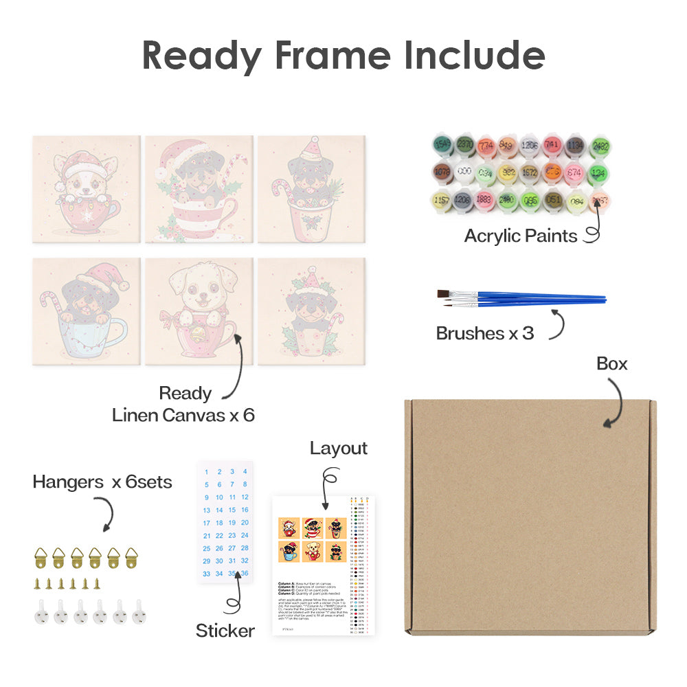 Mini Paint by Numbers Series dog - 6-in-1 Set (6"x6" / 15x15cm)