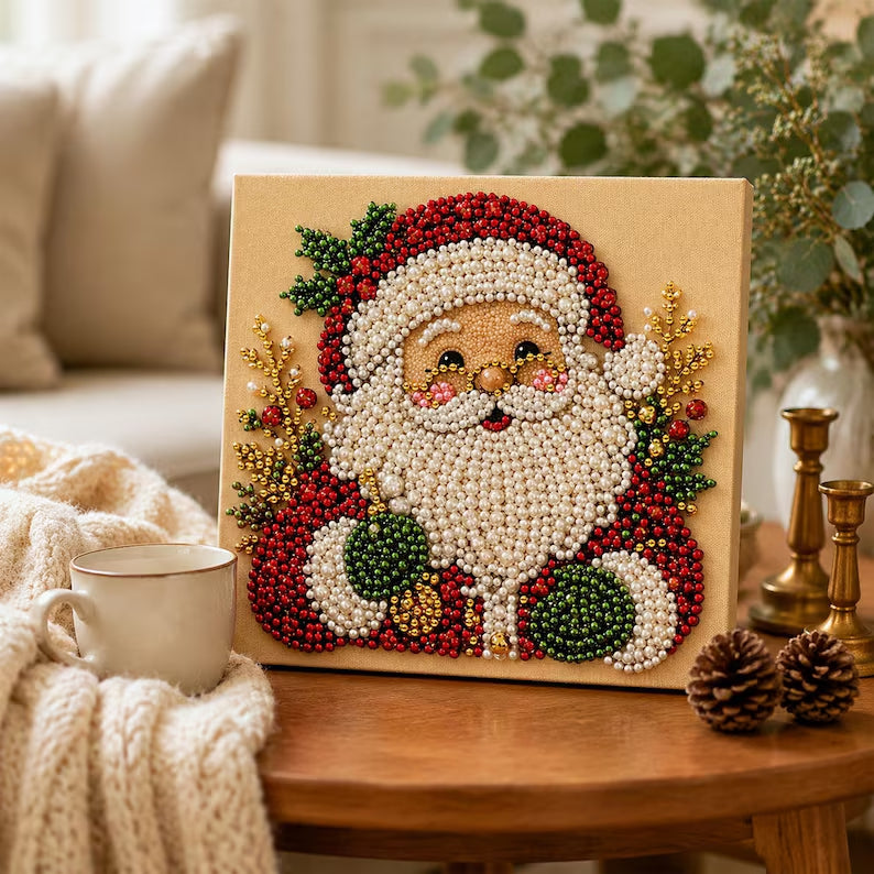 Christmas Diamond Art Kit, Cute Santa Pearl Bead Painting Craft, DIY Pearl Diamond Painting for Adults Beginners, Holiday Home Decor Gift