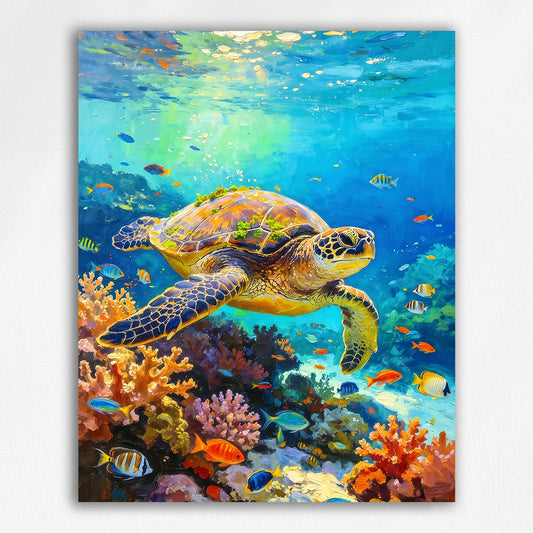 Sea Turtle and Colorful Tropical Fish