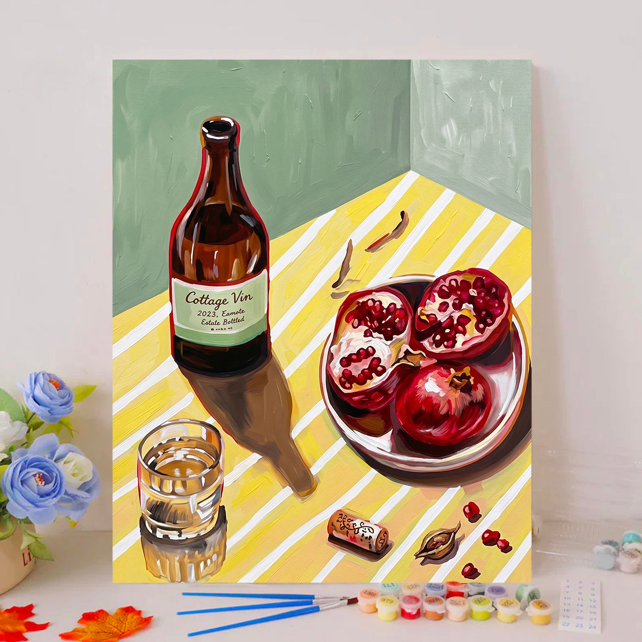 Pomegranates and Wine Bottle