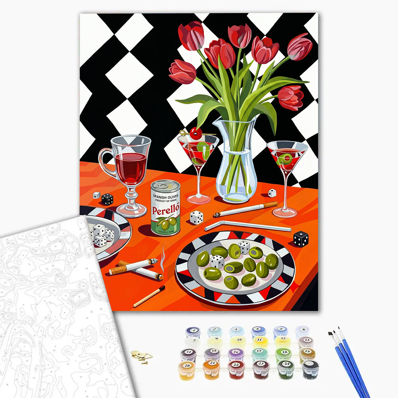 Retro Checkerboard Martini and Red Tulips