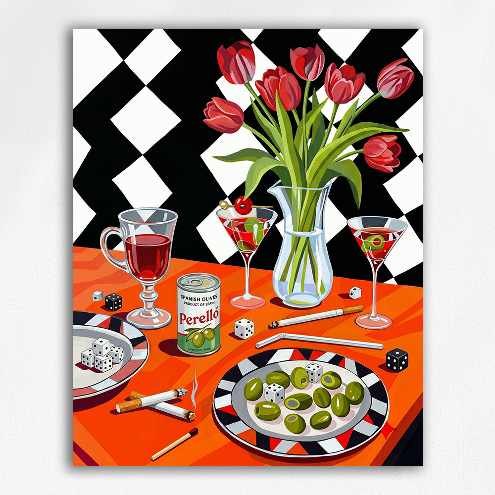 Retro Checkerboard Martini and Red Tulips