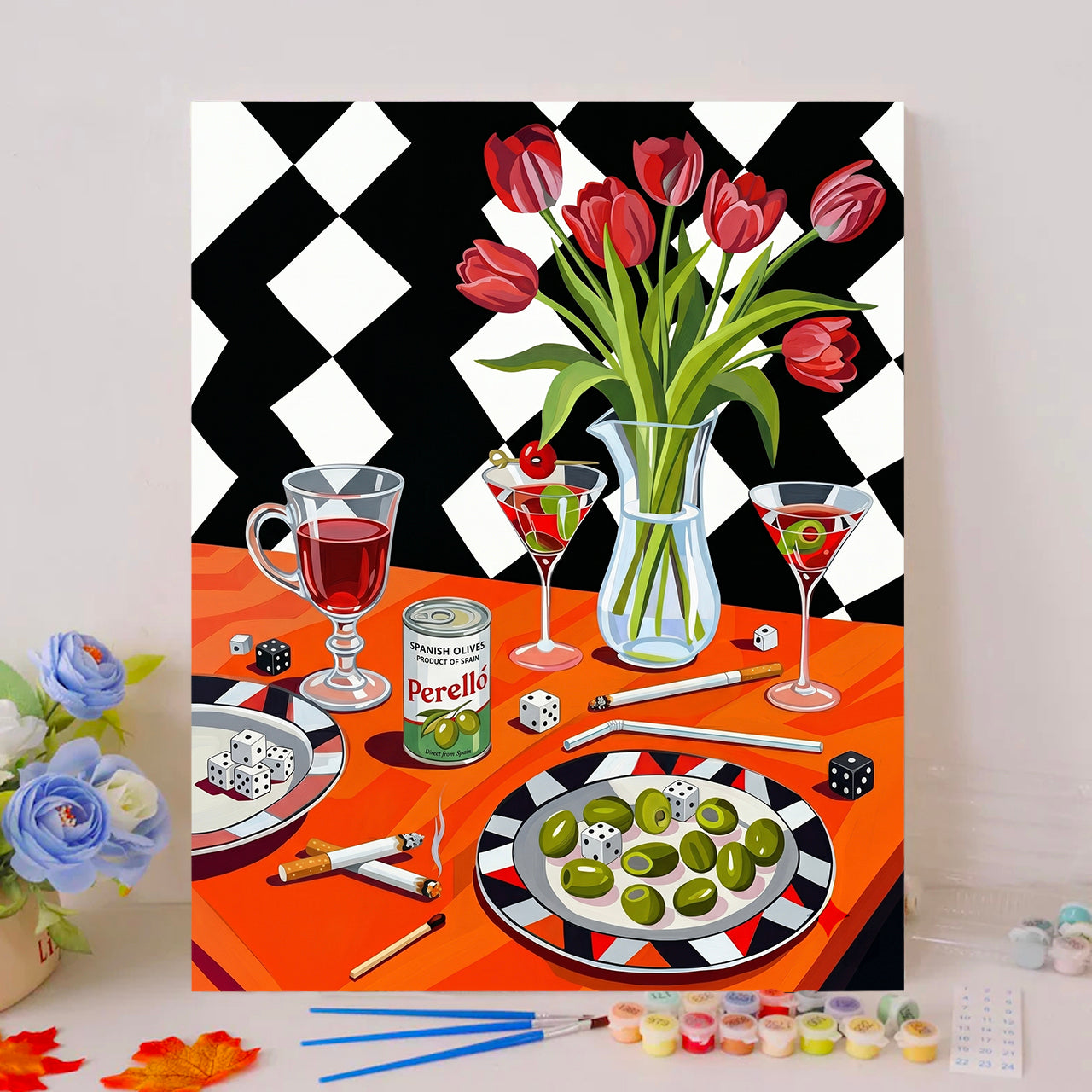 Retro Checkerboard Martini and Red Tulips