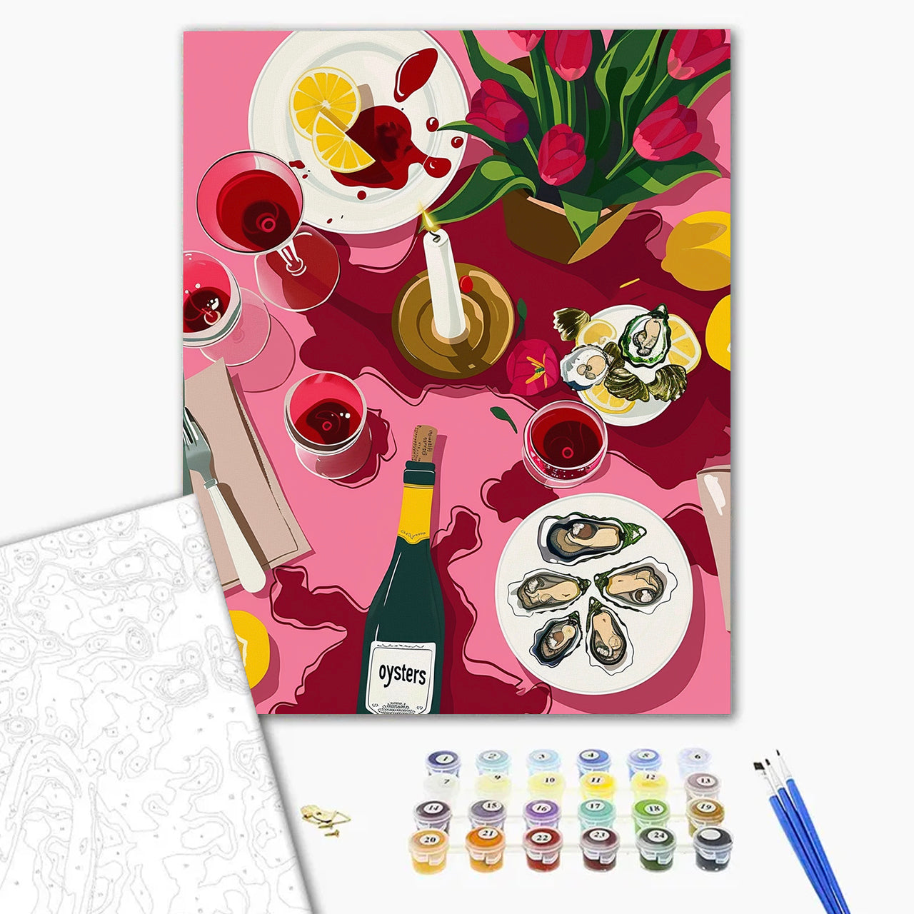Romantic Oysters and Red Tulips Still Life