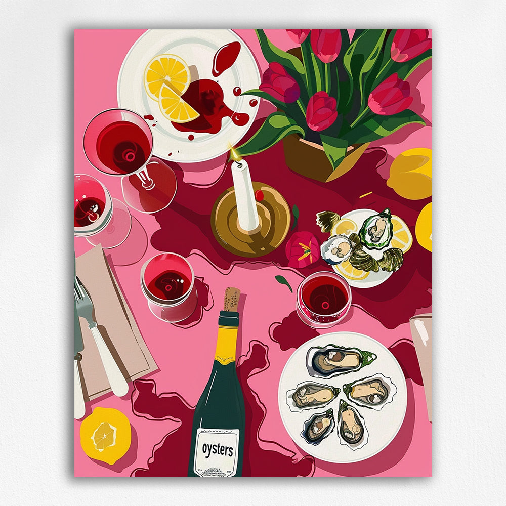 Romantic Oysters and Red Tulips Still Life