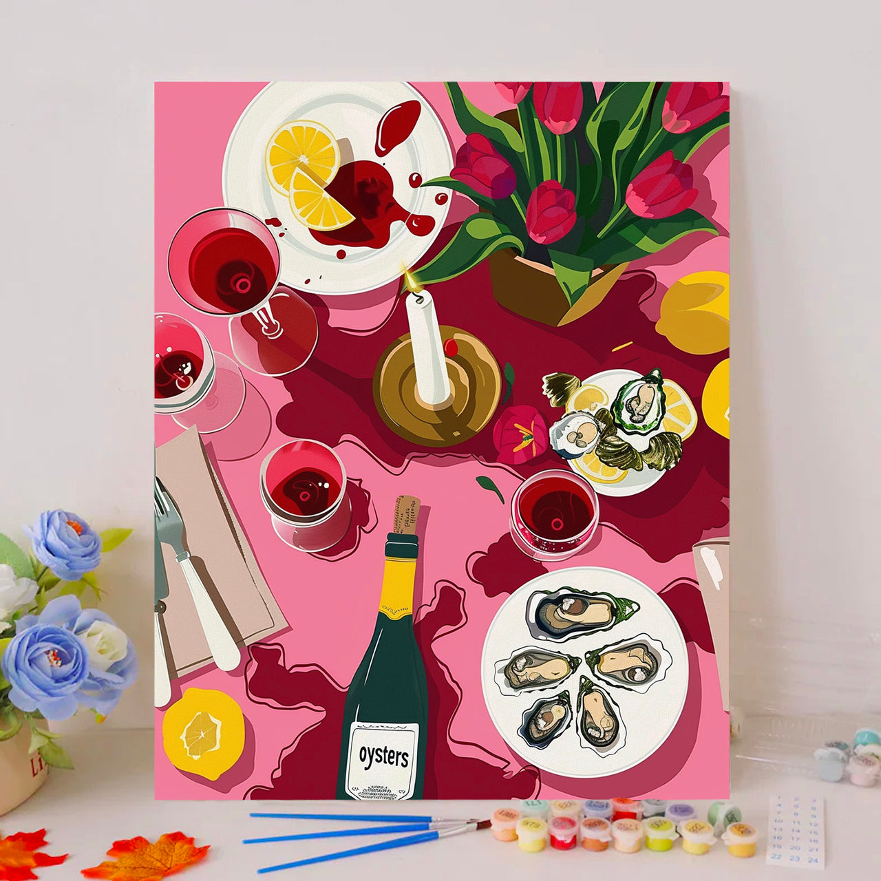 Romantic Oysters and Red Tulips Still Life