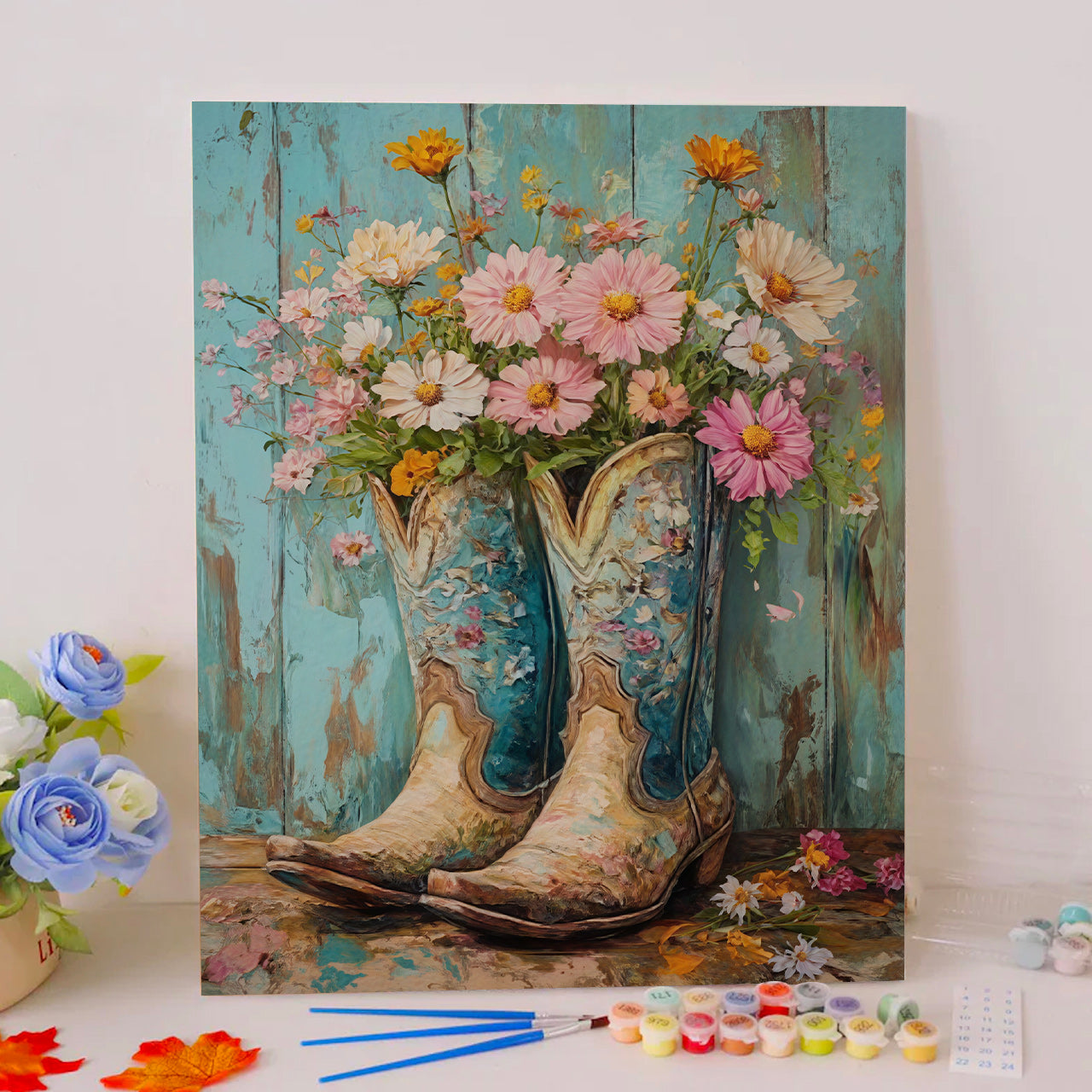 Vintage Teal Boots & Wild Daisies
