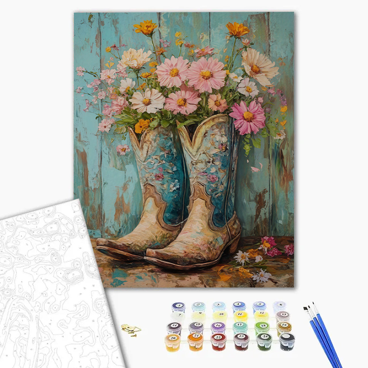 Vintage Teal Boots & Wild Daisies