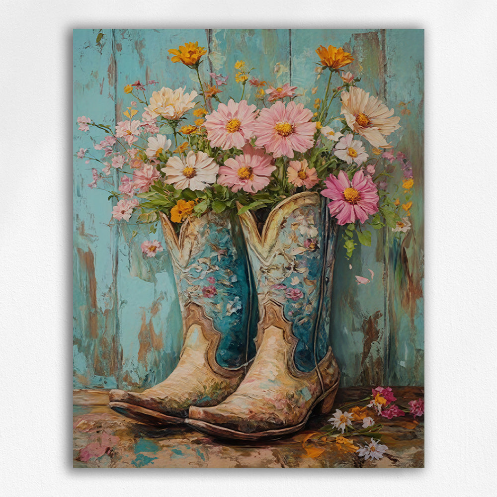 Vintage Teal Boots & Wild Daisies