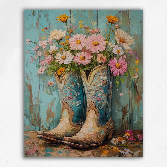 Vintage Teal Boots & Wild Daisies