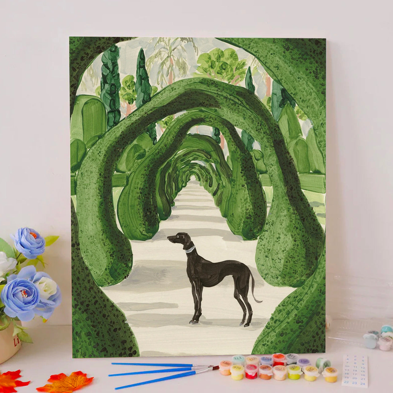 Greyhound in Green Topiary Arch