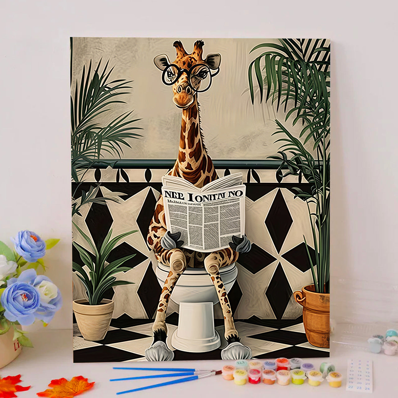 Giraffe on Loo With News