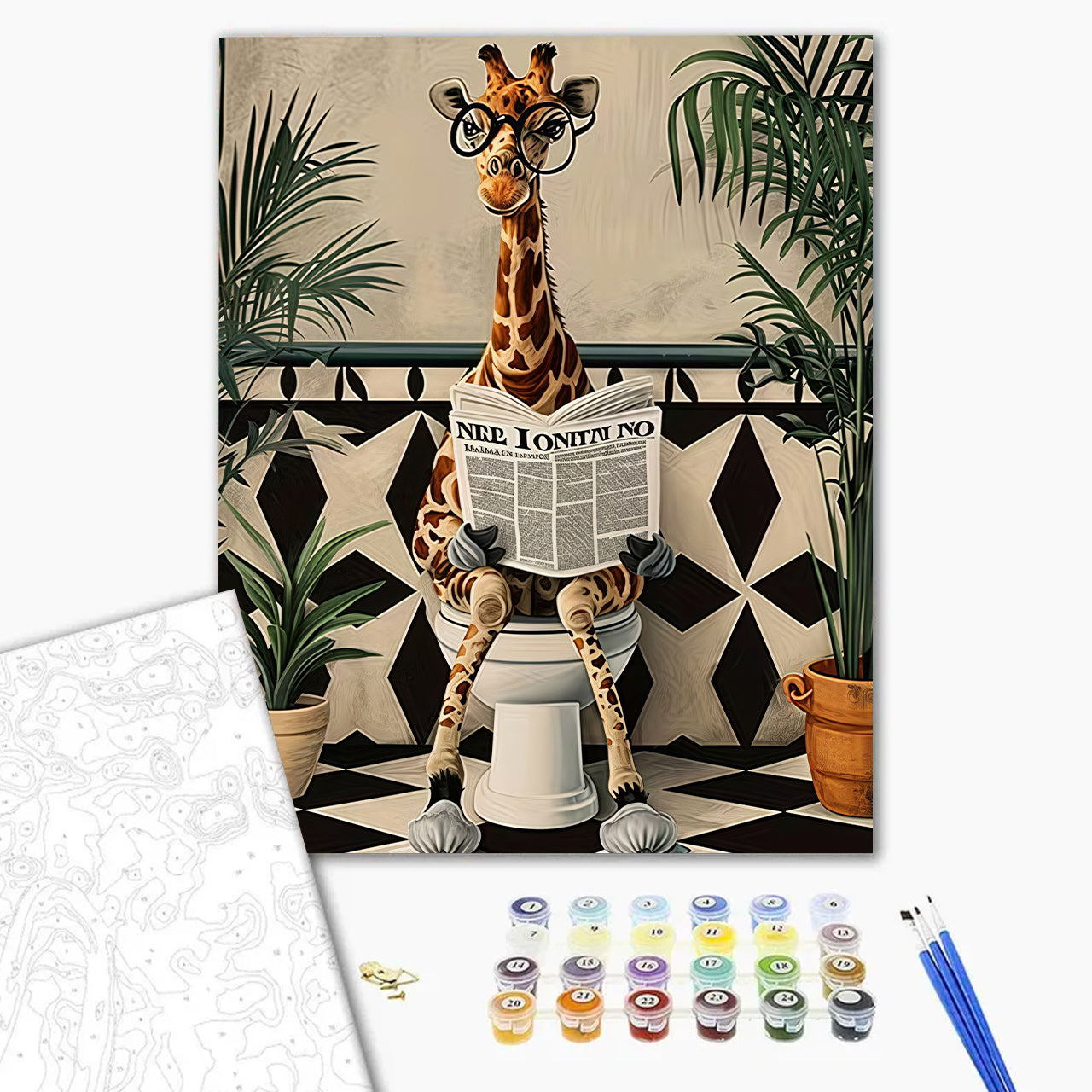 Giraffe on Loo With News