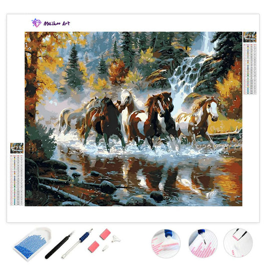 Paarden die stroomafwaarts galopperen door Maikoo™ Diamond Painting Kit