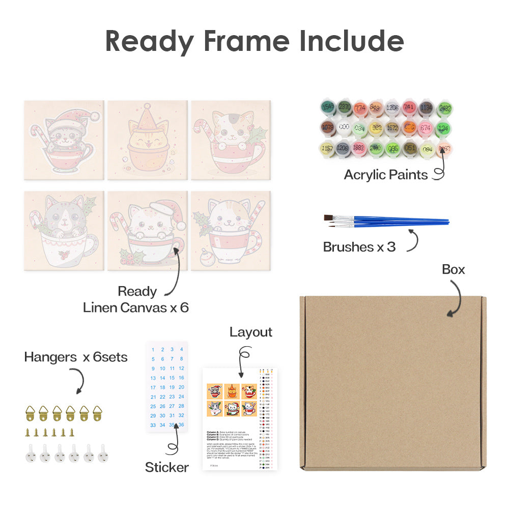 Mini Paint by Numbers Series cat - 6-in-1 Set (6"x6" / 15x15cm)