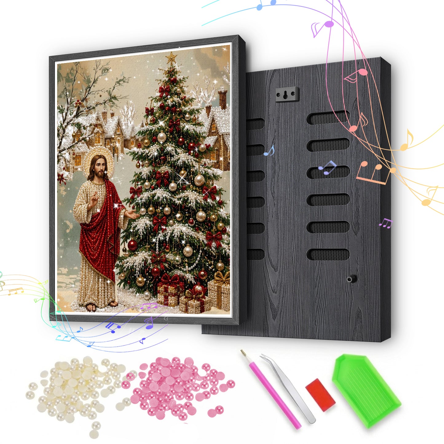 Jesus Christmas Tree Pearl Bead Painting, Xmas Wall Decor with Bluetooth Speaker