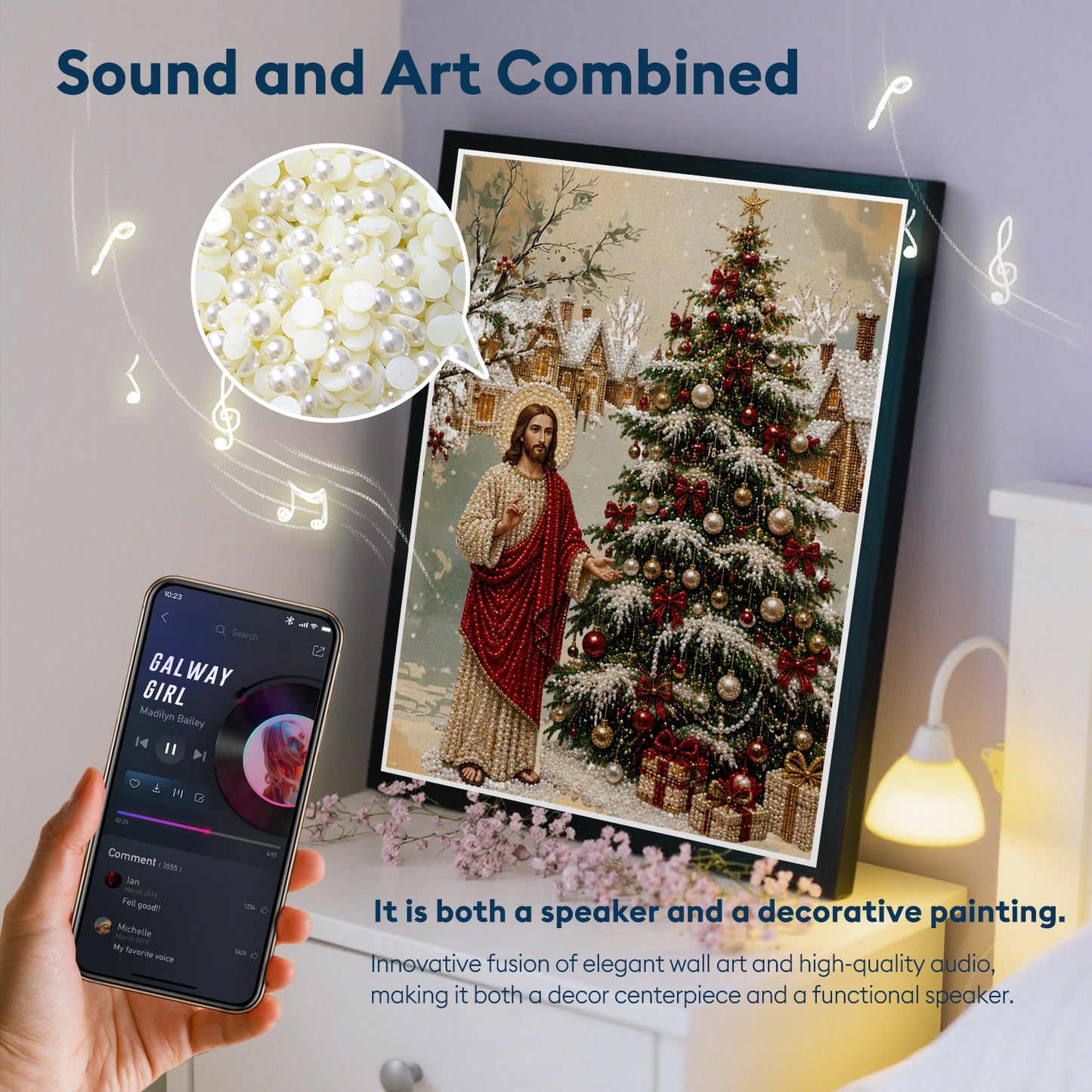 Jesus Christmas Tree Pearl Bead Painting, Xmas Wall Decor with Bluetooth Speaker