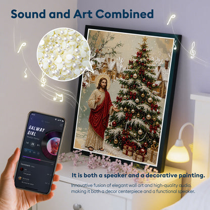 Jesus Christmas Tree Pearl Bead Painting, Xmas Wall Decor with Bluetooth Speaker