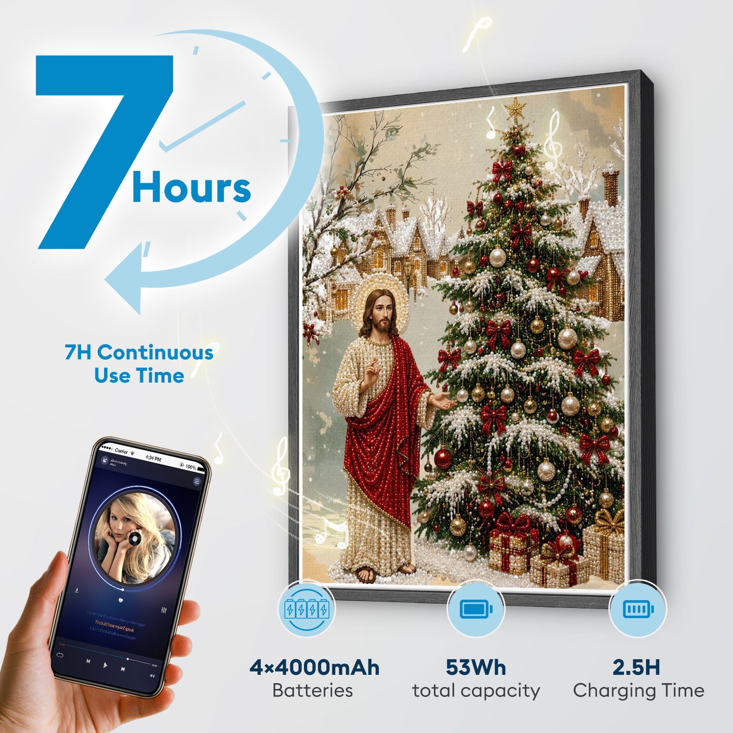 Jesus Christmas Tree Pearl Bead Painting, Xmas Wall Decor with Bluetooth Speaker