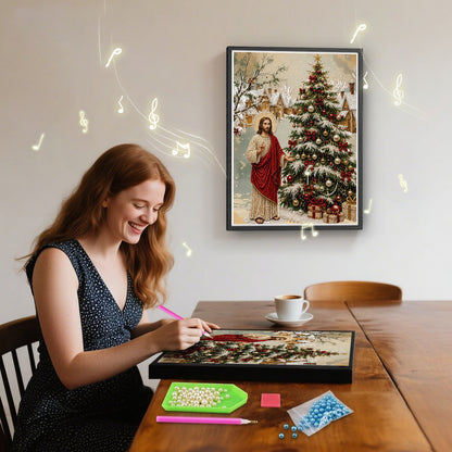 Jesus Christmas Tree Pearl Bead Painting, Xmas Wall Decor with Bluetooth Speaker