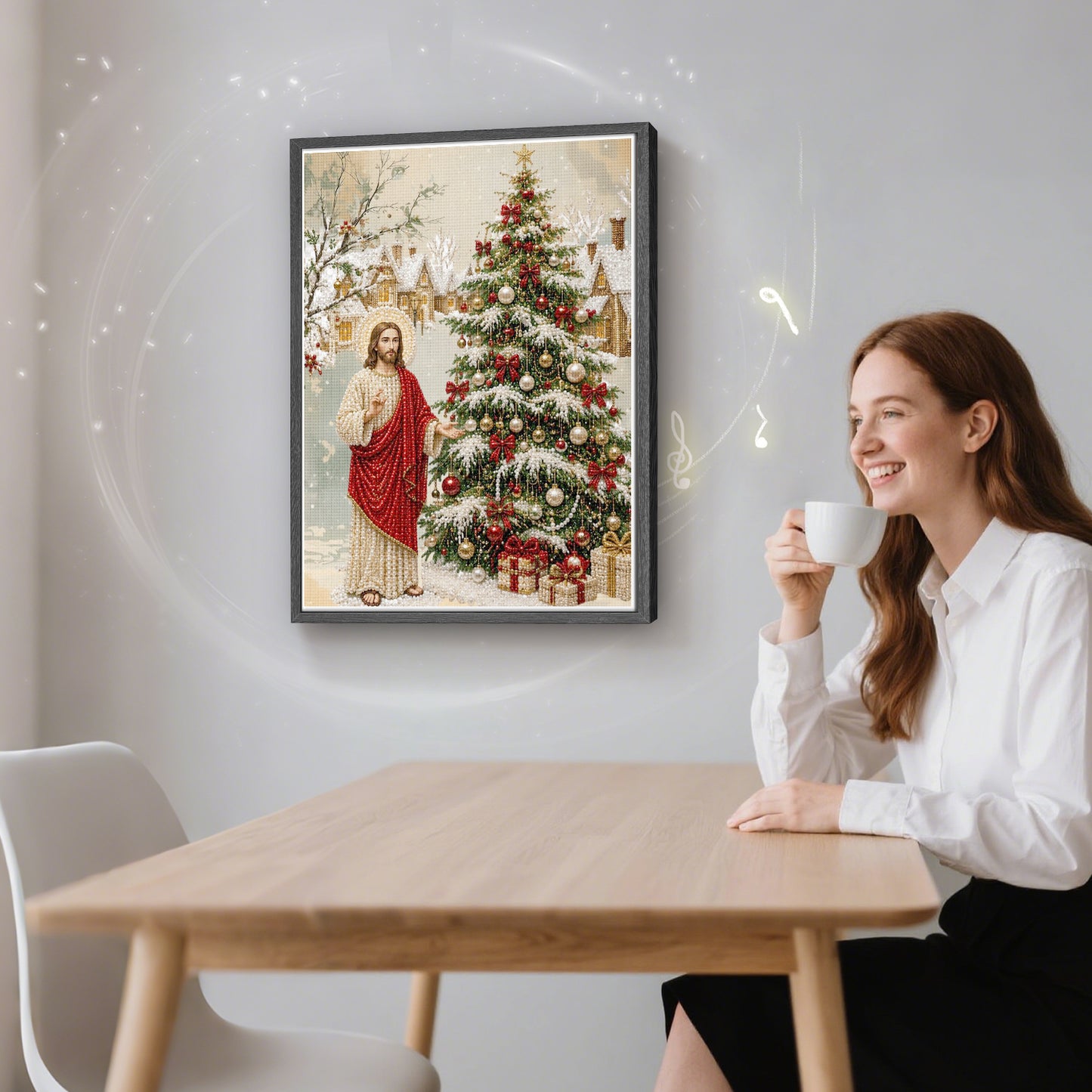 Jesus Christmas Tree Pearl Bead Painting, Xmas Wall Decor with Bluetooth Speaker