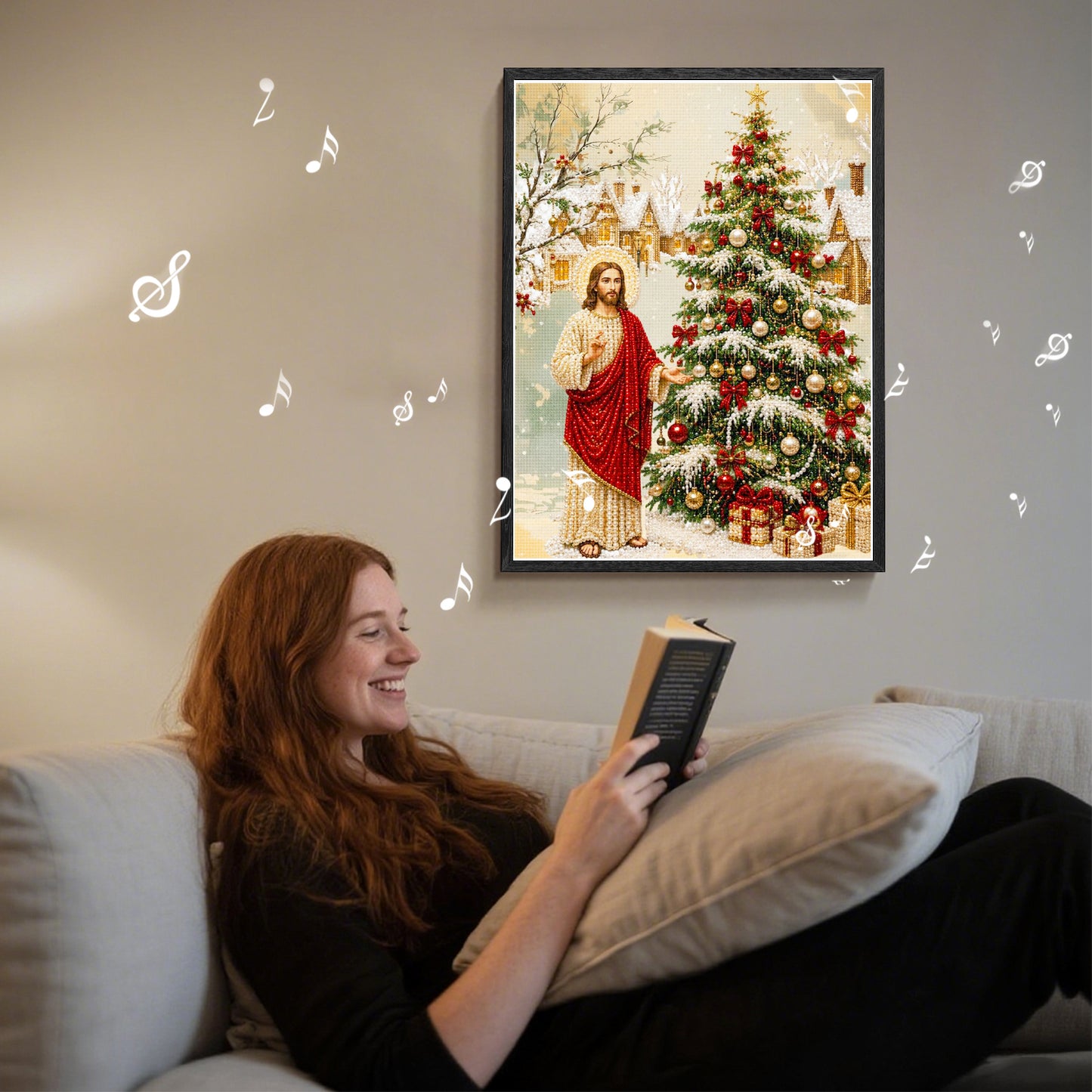 Jesus Christmas Tree Pearl Bead Painting, Xmas Wall Decor with Bluetooth Speaker
