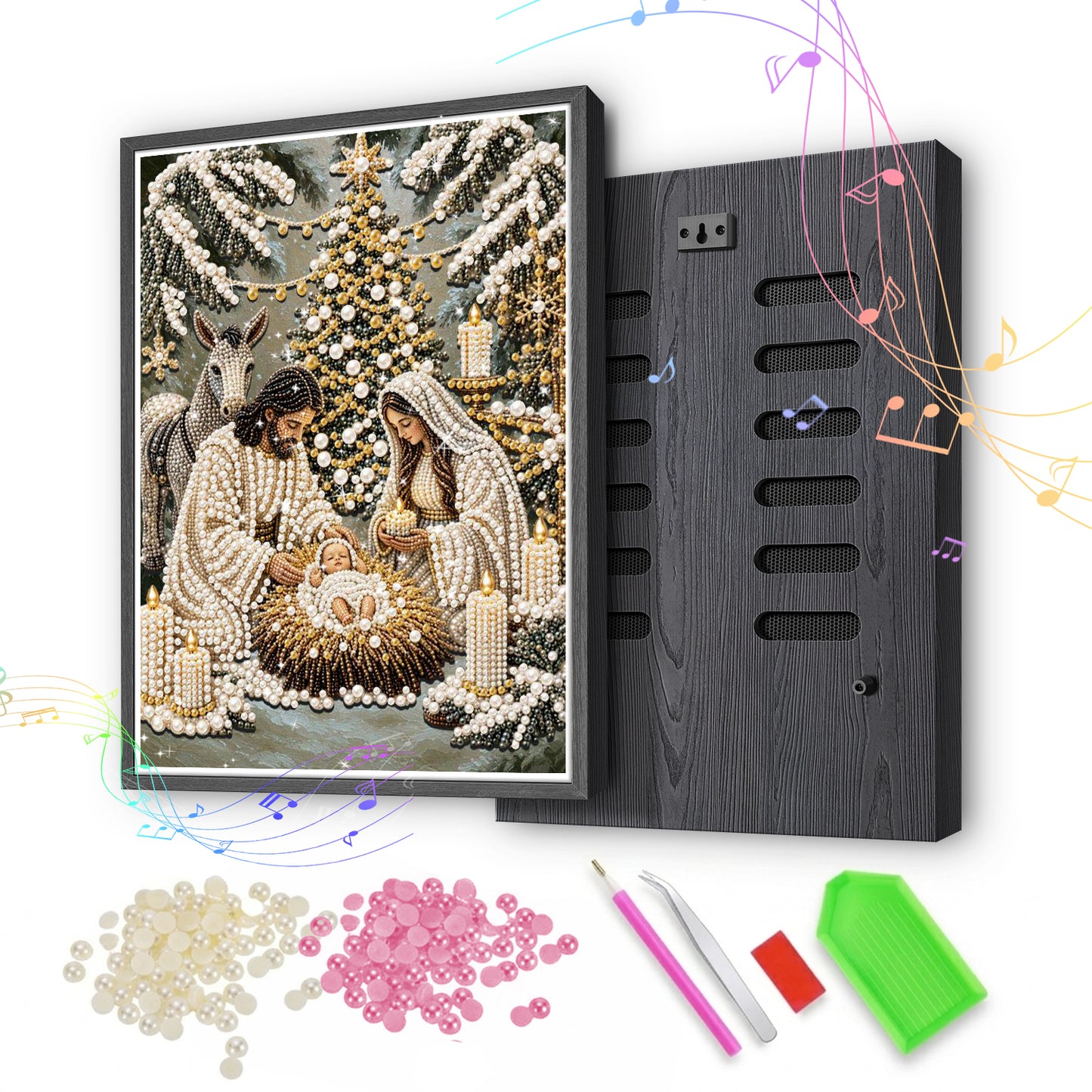 Holy Family Nativity Pearl Bead Painting, Christmas Wall Decor with Bluetooth Speaker