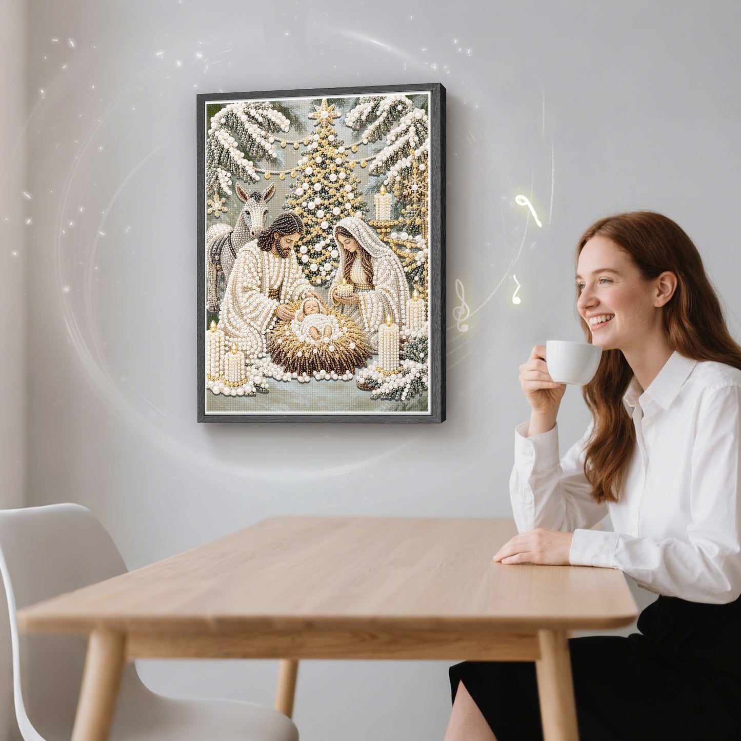 Holy Family Nativity Pearl Bead Painting, Christmas Wall Decor with Bluetooth Speaker